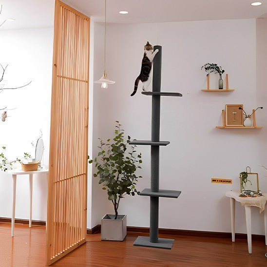 arbre a chat 1 pilier gris 3 etages fixe avec 1 chat au sommet