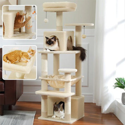 arbre a chat blanc 4 piliers 6 etages avec 2 chats et 5 griffoir avec 2 fenetres