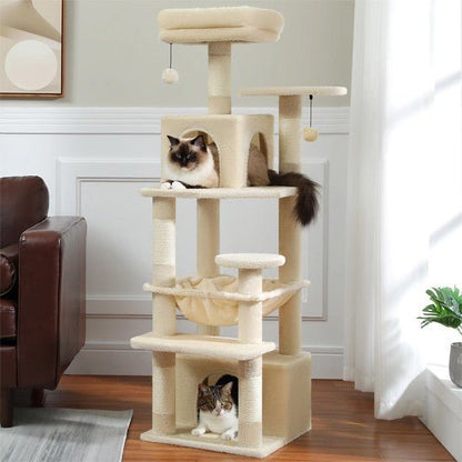 arbre a chat blanc 4 piliers 6 etages avec 2 chats et 5 griffoir