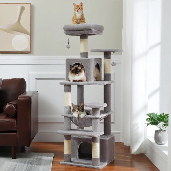 arbre a chat gris 4 piliers 6 etages avec 3 chats et griffoir