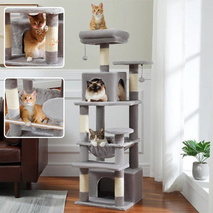 arbre a chat gris 4 piliers 7 etages 5 griffoir 2 fenetres avec 3 chats