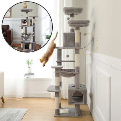arbre a chat gris 4 piliers 7 etages avec 1 chats qui saute et 5 griffoir une fenetre avec 3 chats
