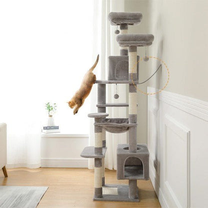 arbre a chat gris 4 piliers 7 etages avec 1 chats qui saute et 5 griffoir