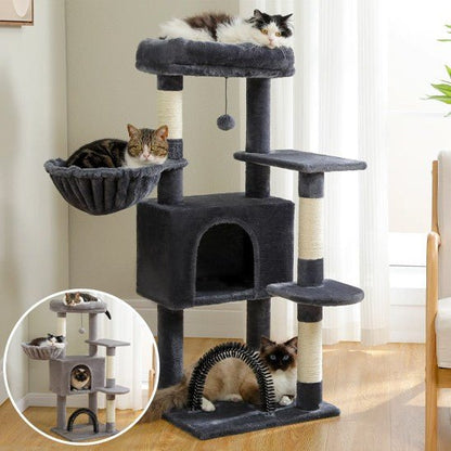 arbre a chat noir 3 piliers 5 etages avec 33 chat 1 fenetres avec le gris et 3 chats