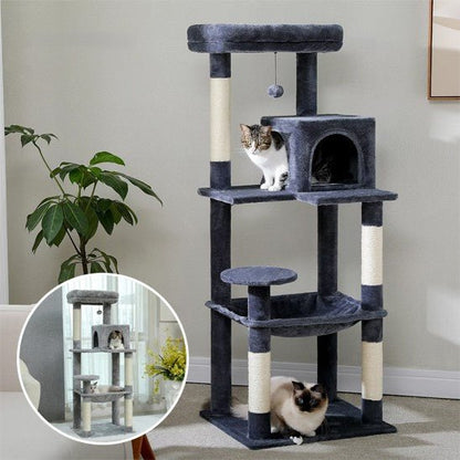 arbre a chat noir 4 piliers 4 etages avec 2 chat 1 fenetre avec arbre 4 piliers gris 2 chats