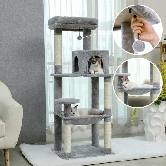 arbre a chat noir 4 piliers 4 etages avec 2 chat 2 fenetre avec jouet 1 chat