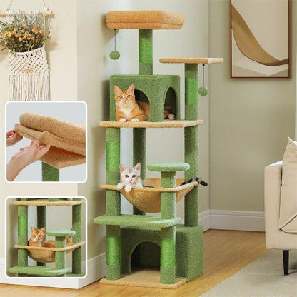 arbre a chat vert 4 piliers 7 etages avec 2 chats 8 griffoir 2 fenetre avec idem 2 chats