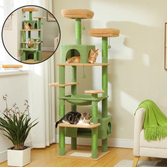 arbre a chat vert 4 piliers 7 etages avec 2 chats 8 griffoir une fenetre avec idem 2 chats