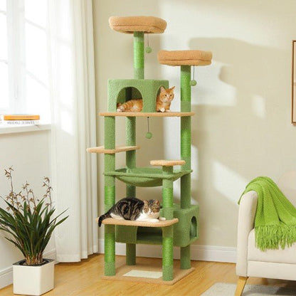 arbre a chat vert 4 piliers 7 etages avec 2 chats et 8 griffoir