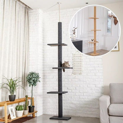 arbre a chat vert maron 3 etages avec 1 chat et une fenetre avec meme arbre couleur grise