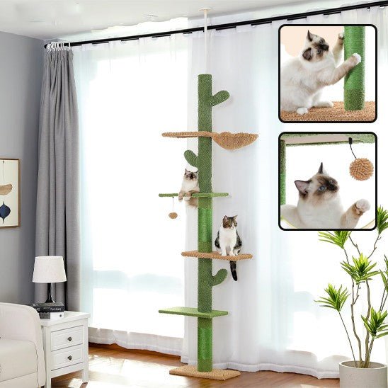 arbre a chat vert maron 4 etages avec 2 chat et 2 fenetres avec 2 chat