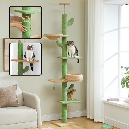 arbre a chat vert maron 5 etages avec 2 chat et 2 fenetres avec 1 chat
