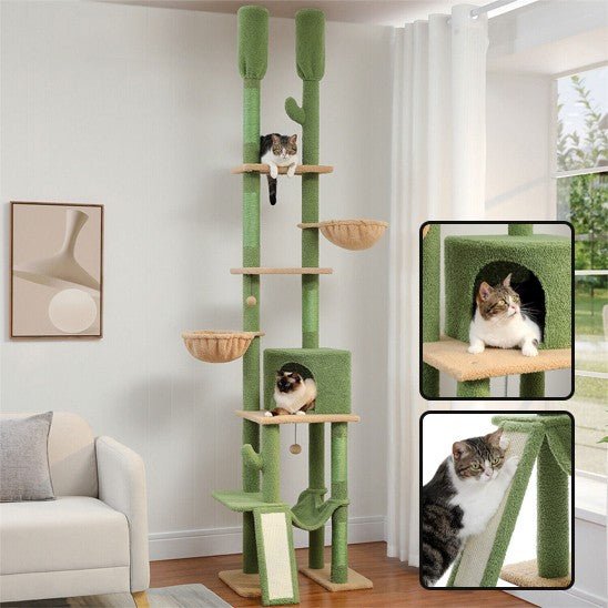 arbre a chat vert maron 7 niveaux avec 4 piliers et 2 chats avec 2 fenetre et 2 chat