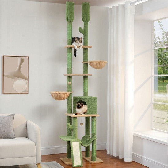 arbre a chat vert maron 7 niveaux avec 4 piliers et 2 chats