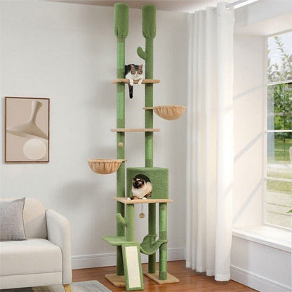 arbre a chat vert maron 7 niveaux avec 4 piliers et 2 chats