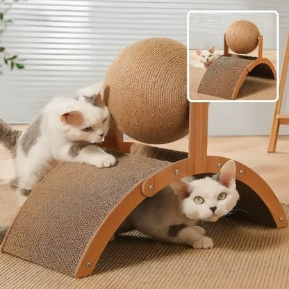 griffoir pour chat en bois 2 en 1 avec deux chats un en dessous autre au dessus et petite image chat de cote du grattoir