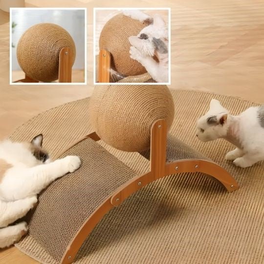 griffoir pour chat en bois 2 en 1 avec deux chats un en face de autre et 2 petites image chat sur boule du grattoir
