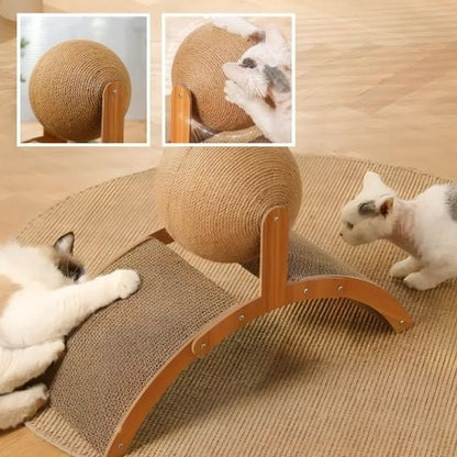 griffoir pour chat en bois 2 en 1 avec deux chats un en face de autre et 2 petites image chat sur boule du grattoir