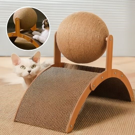 griffoir pour chat en bois 2 en 1 avec un chat de cote et petite image chat sur grattoir
