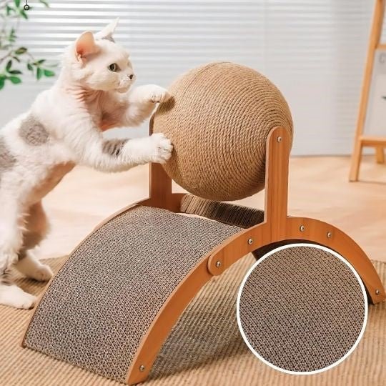 griffoir pour chat en bois 2 en 1 avec un chat debout et petite image materiau