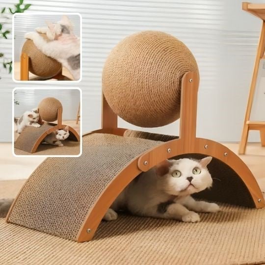 griffoir pour chat en bois 2 en 1 avec un chat en dessous et deux petites images chat sur boule et sur grattoir